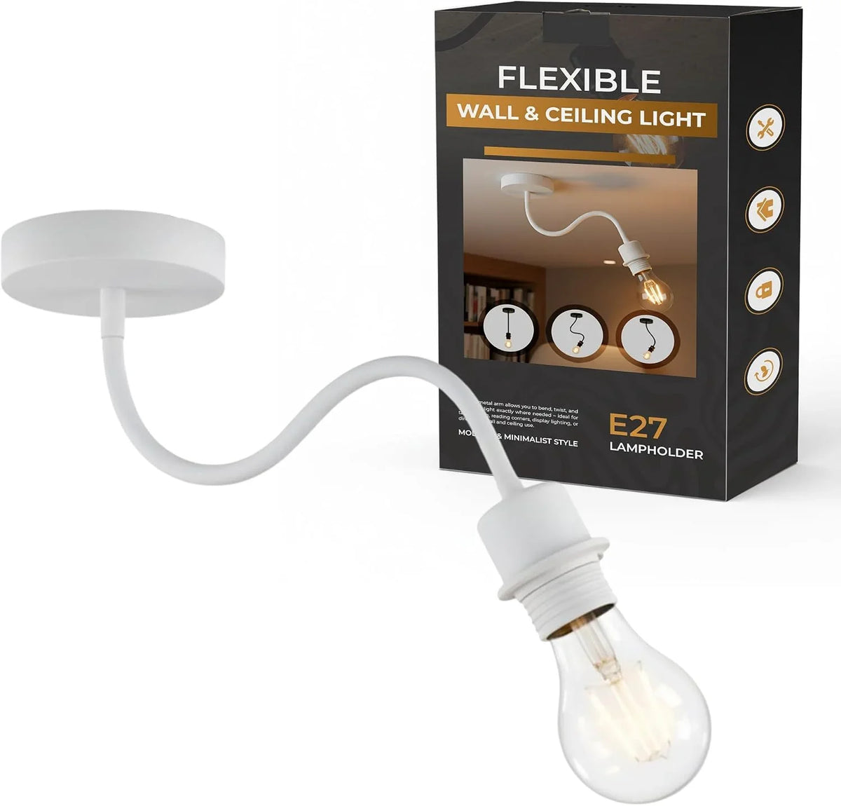Flexible Gooseneck Wall & Ceiling Light – Black or White, E27 - Without Bulb, White, No Shade