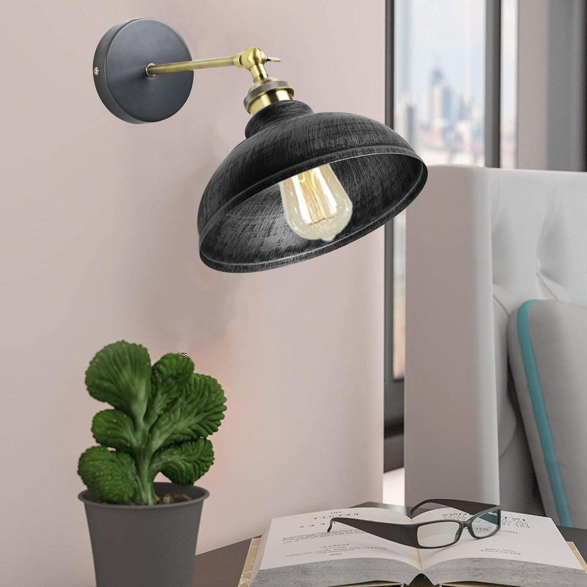 Adjustable Swivel Arm Wall Light with Shade – Black, Chrome, Green Brass, Satin Nickel - photo 5