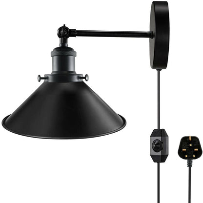 Adjustable Swivel Arm Wall Light with Shade – Black, Chrome, Green Brass, Satin Nickel - Black, Flat Cone 22 cm Black Shade Ring, Plug-in, 2 m Dimmer Cord, Without Bulb