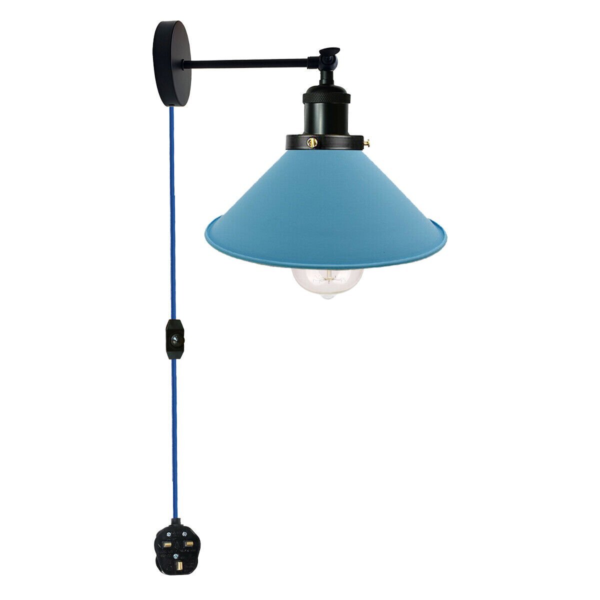 Adjustable Swivel Arm Wall Light with Shade – Black, Chrome, Green Brass, Satin Nickel - Black, Flat Cone 22 cm Blue Shade Ring, Without Bulb