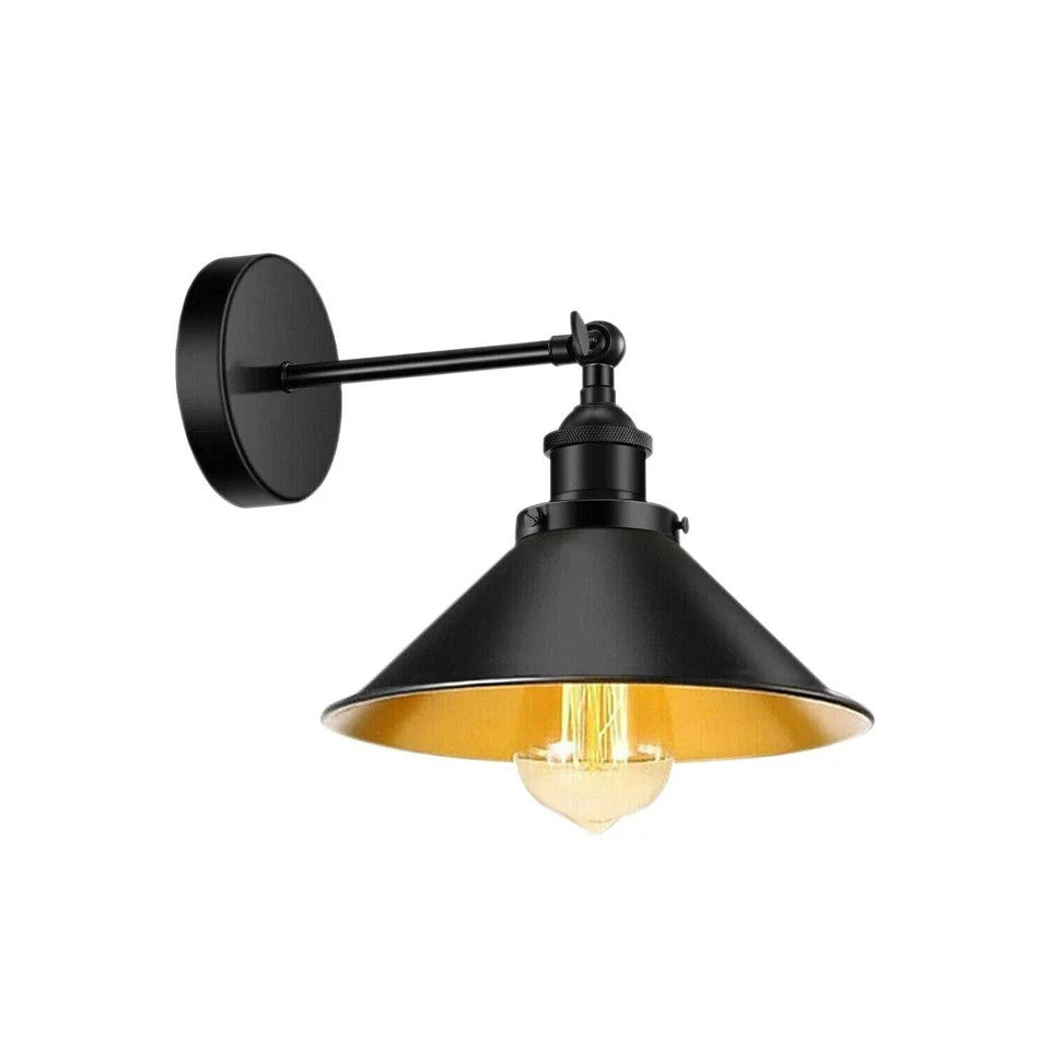 Adjustable Swivel Arm Wall Light with Shade – Black, Chrome, Green Brass, Satin Nickel - Black, Flat Cone 22 cm Black & Gold Shade Ring, Without Bulb