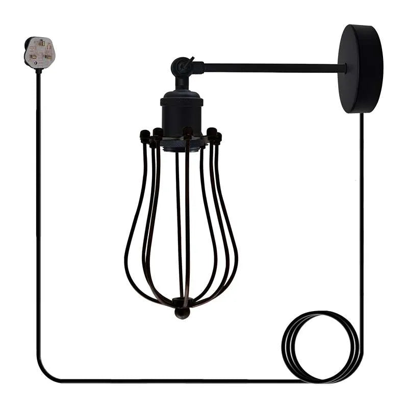 Adjustable Swivel Arm Wall Light with Shade – Black, Chrome, Green Brass, Satin Nickel - Black, Round Cage Black, Without Bulb