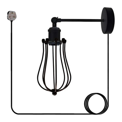 Adjustable Swivel Arm Wall Light with Shade – Black, Chrome, Green Brass, Satin Nickel - Black, Round Cage Black, Without Bulb