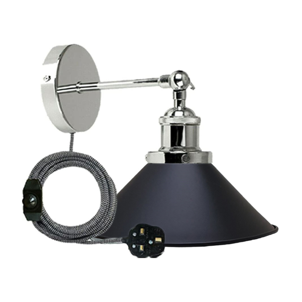 Adjustable Swivel Arm Wall Light with Shade – Black, Chrome, Green Brass, Satin Nickel - Chrome, Flat Cone 22 cm Black, Without Bulb