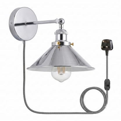 Adjustable Swivel Arm Wall Light with Shade – Black, Chrome, Green Brass, Satin Nickel - Chrome, Flat Cone 22 cm Chrome Shade Ring, Plug-in, 2 m Dimmer Cord, Without Bulb