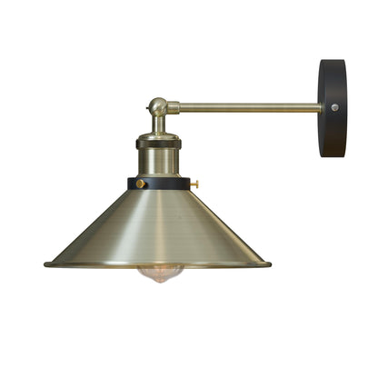 Adjustable Swivel Arm Wall Light with Shade – Black, Chrome, Green Brass, Satin Nickel - Green Brass, Flat Cone 22 cm Green Brass Shade Ring, Hardwired, Without Bulb
