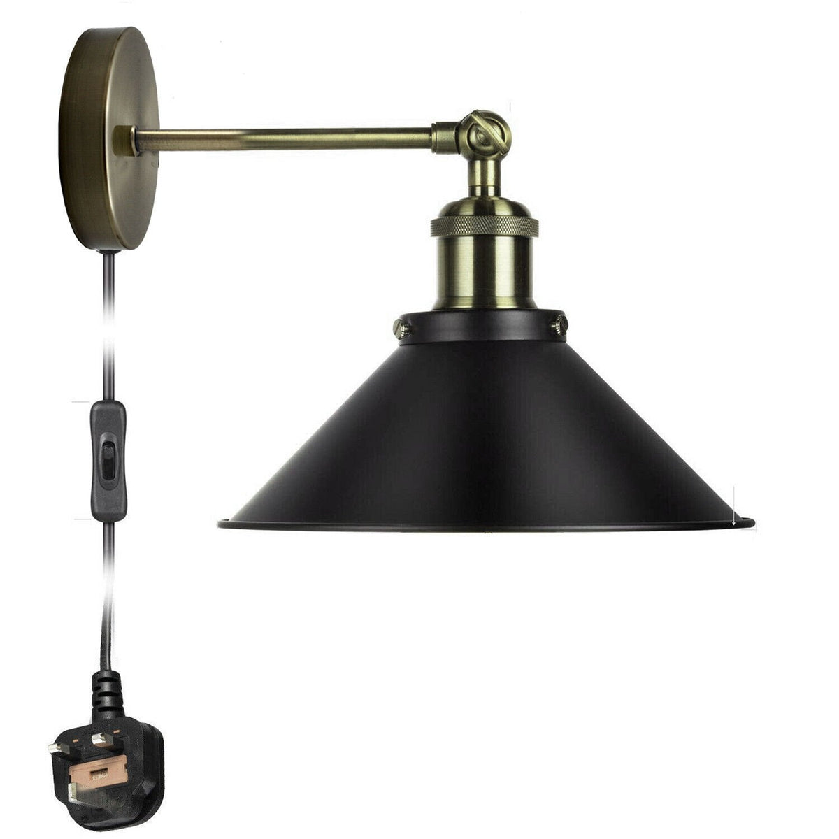 Adjustable Swivel Arm Wall Light with Shade – Black, Chrome, Green Brass, Satin Nickel - Green Brass, Flat Cone 22 cm Black, Without Bulb