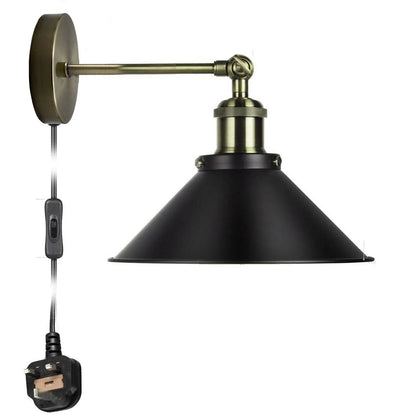 Adjustable Swivel Arm Wall Light with Shade – Black, Chrome, Green Brass, Satin Nickel - Green Brass, Flat Cone 22 cm Black & White Inner, Without Bulb