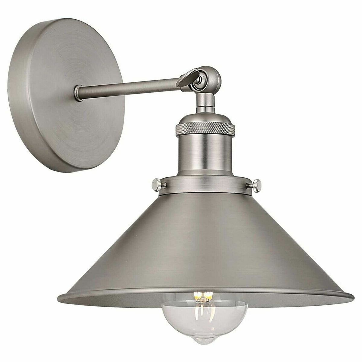 Adjustable Swivel Arm Wall Light with Shade – Black, Chrome, Green Brass, Satin Nickel - Satin Nickel, Flat Cone 22 cm Satin Nickel Shade Ring, Without Bulb