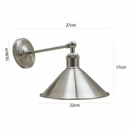 Adjustable Swivel Arm Wall Light with Shade – Black, Chrome, Green Brass, Satin Nickel - Satin Nickel, Flat Cone 22 cm Satin Nickel 108 mm Rose, Without Bulb