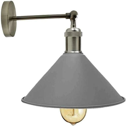 Adjustable Swivel Arm Wall Light with Shade – Black, Chrome, Green Brass, Satin Nickel - Satin Nickel, Flat Cone 22 cm Grey, Without Bulb