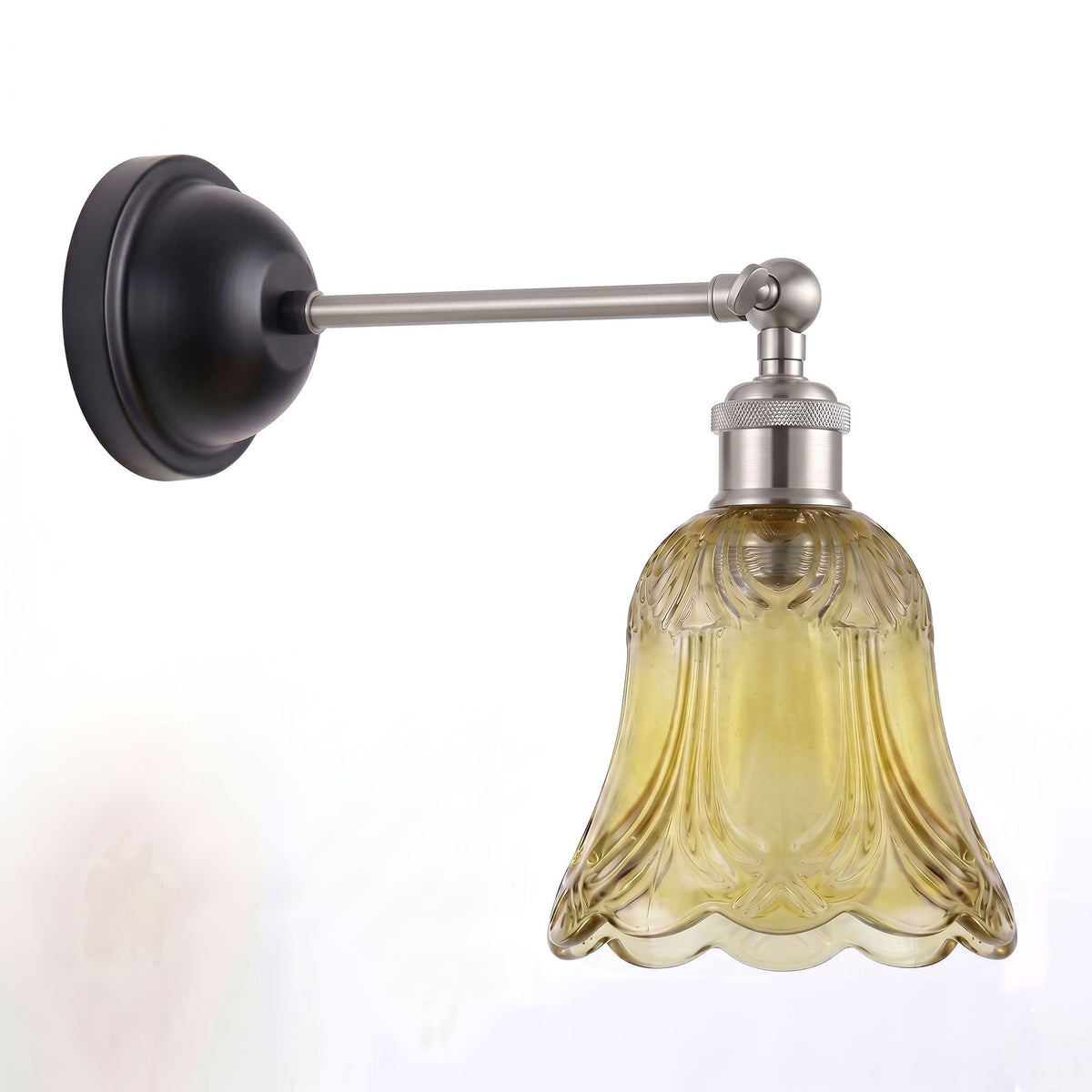 Adjustable Swivel Arm Wall Light with Shade – Black, Chrome, Green Brass, Satin Nickel - Satin Nickel, Glass 12.5 cm Tea Brown, Without Bulb