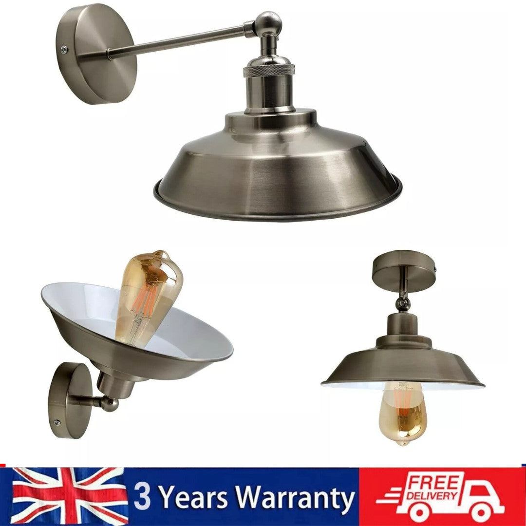 Adjustable Swivel Arm Wall Light with Shade – Black, Chrome, Green Brass, Satin Nickel - Satin Nickel, Vintage Dome 22 cm Satin Nickel, Without Bulb