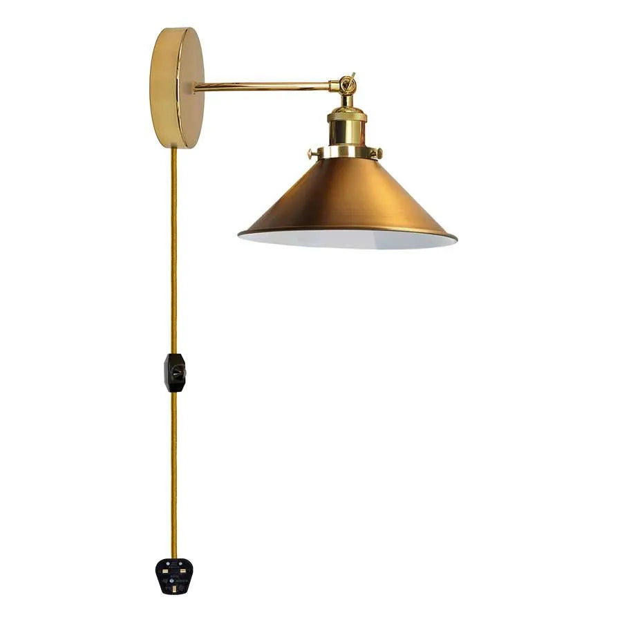 Adjustable Swivel Arm Wall Light – Copper, French Gold, Rose Gold, White - French Gold, Flat Cone 22 cm French Gold Shade Ring, Plug-in, 2 m Dimmer Cord, Without Bulb