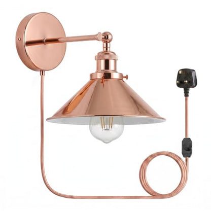Adjustable Swivel Arm Wall Light – Copper, French Gold, Rose Gold, White - Rose Gold, Flat Cone 22 cm Rose Gold Shade Ring, Plug-in, 2 m Dimmer Cord, Without Bulb