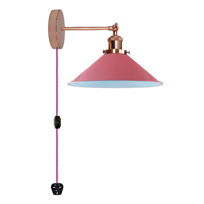 Adjustable Swivel Arm Wall Light – Copper, French Gold, Rose Gold, White - Rose Gold, Flat Cone 22 cm Pink Shade Ring, Plug-in, 2 m Dimmer Cord, Without Bulb