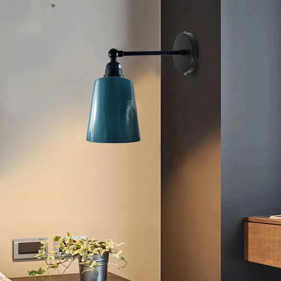 Adjustable Wall Sconce with Small Bell Shade – Black Arm, 10 Colours - Black, Retro Small 15 cm Teal Blue, Without Bulb