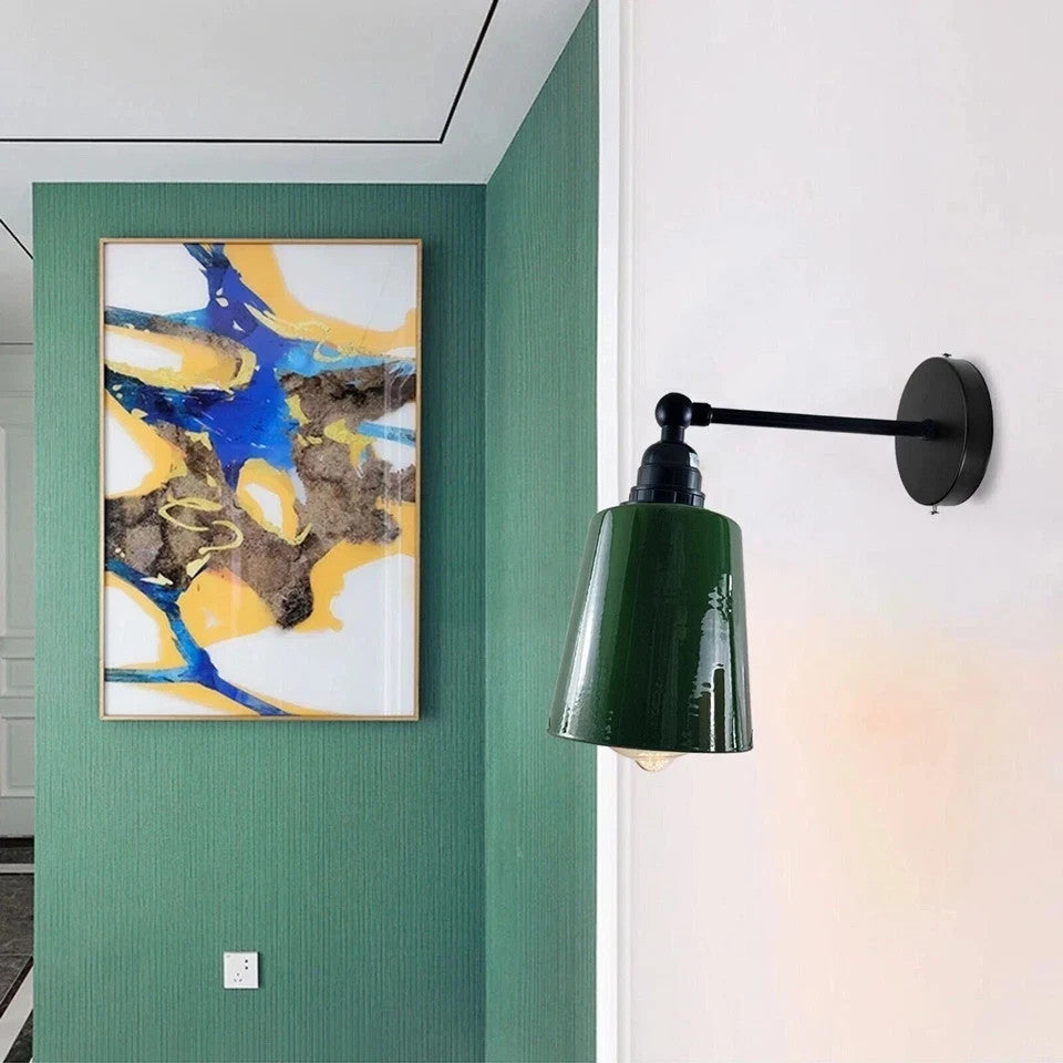 Adjustable Wall Sconce with Small Bell Shade – Black Arm, 10 Colours - Black, Retro Small 15 cm Green, Without Bulb