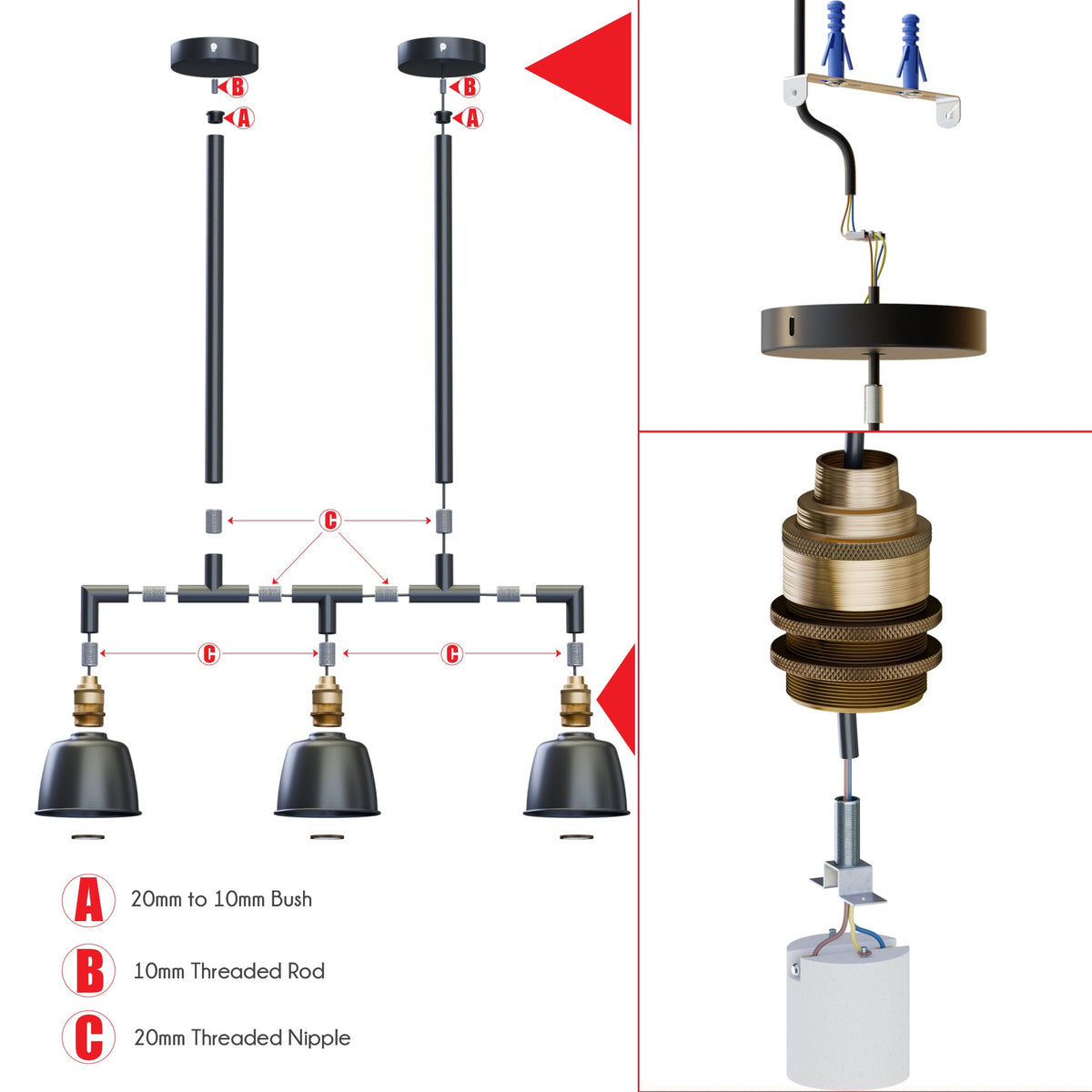 3-Light Industrial Bar Pendant – Black & Brass, 20 to 80 cm Drop - photo 2