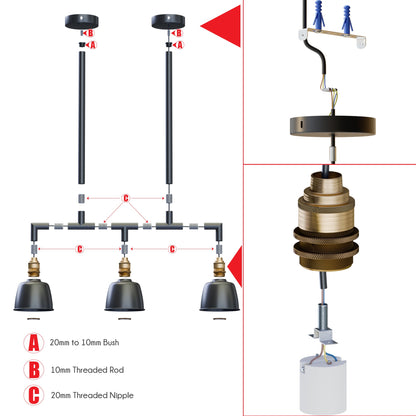 3-Light Industrial Bar Pendant – Black & Brass, 20 to 80 cm Drop - photo 2
