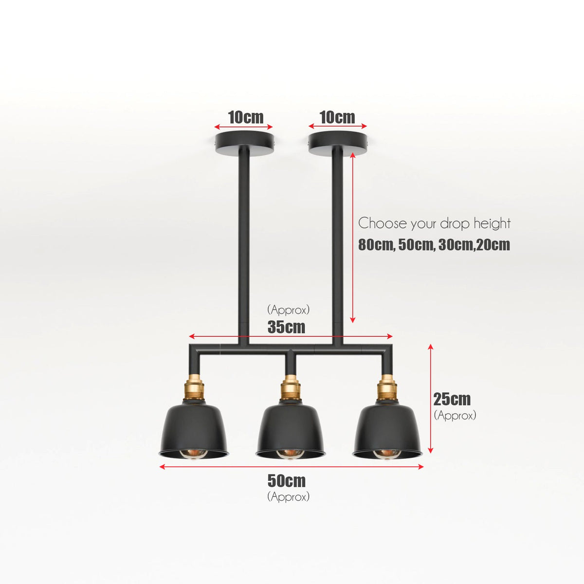 3-Light Industrial Bar Pendant – Black & Brass, 20 to 80 cm Drop - photo 3