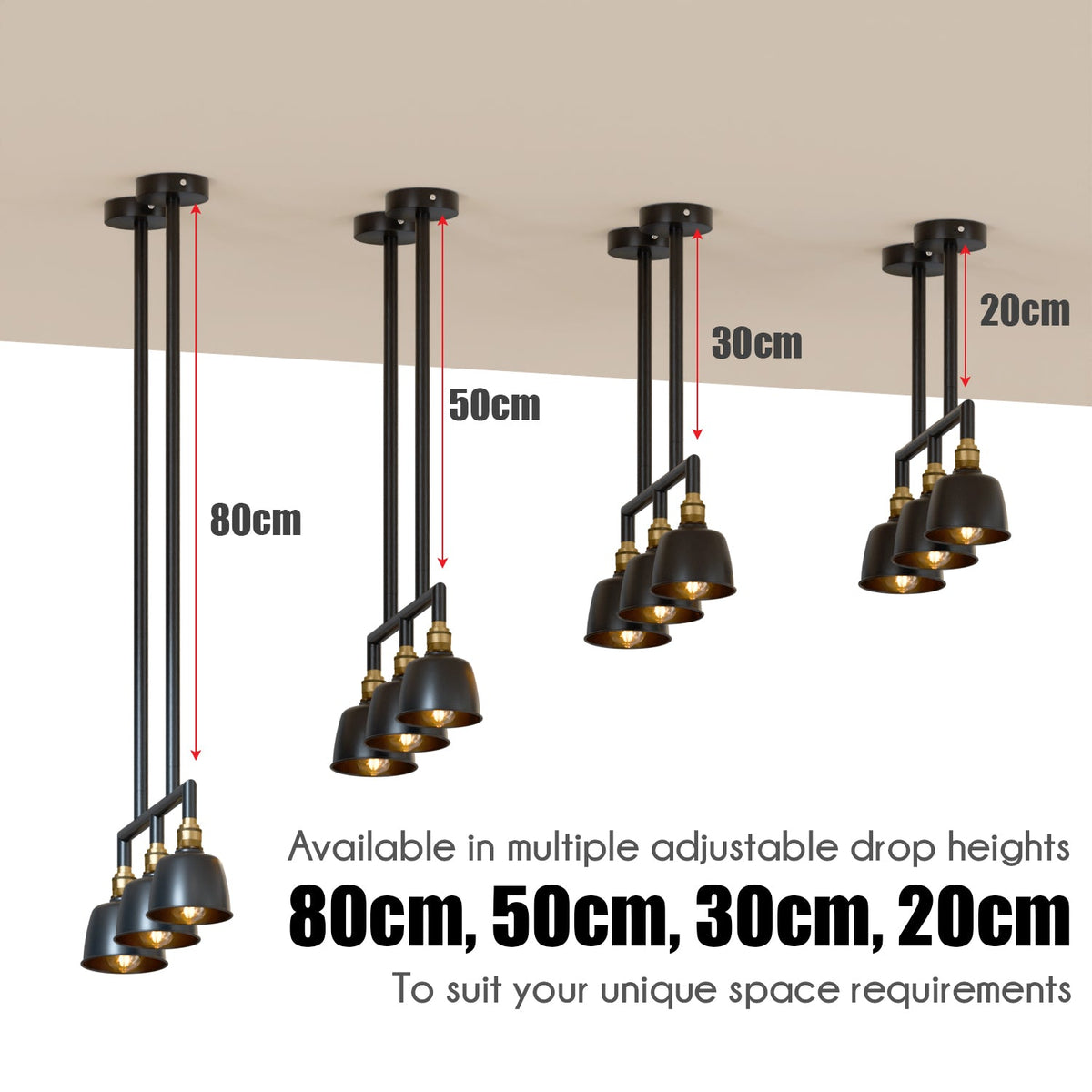 3-Light Industrial Bar Pendant – Black & Brass, 20 to 80 cm Drop - photo 4