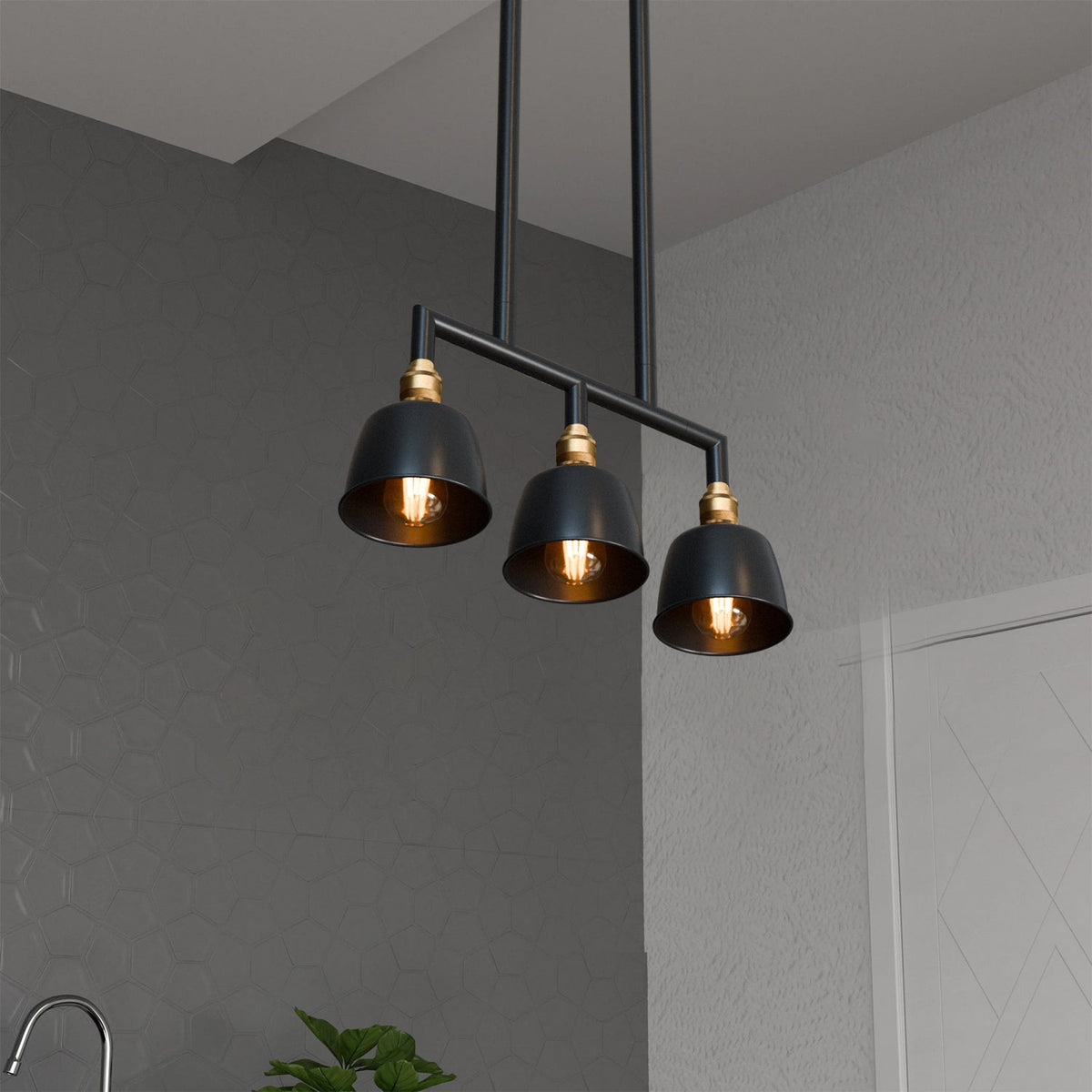 3-Light Industrial Bar Pendant – Black & Brass, 20 to 80 cm Drop - photo 5