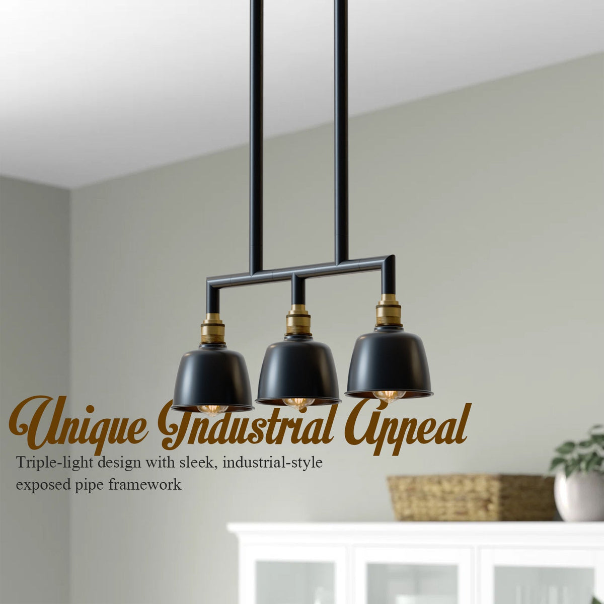 3-Light Industrial Bar Pendant – Black & Brass, 20 to 80 cm Drop - photo 7