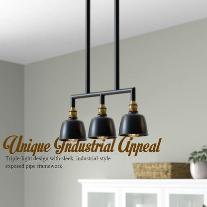 3-Light Industrial Bar Pendant – Black & Brass, 20 to 80 cm Drop - photo 7