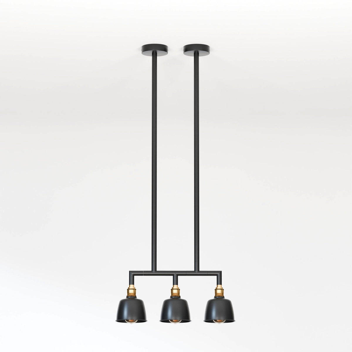3-Light Industrial Bar Pendant – Black & Brass, 20 to 80 cm Drop - Black, 80 cm, Without Bulb