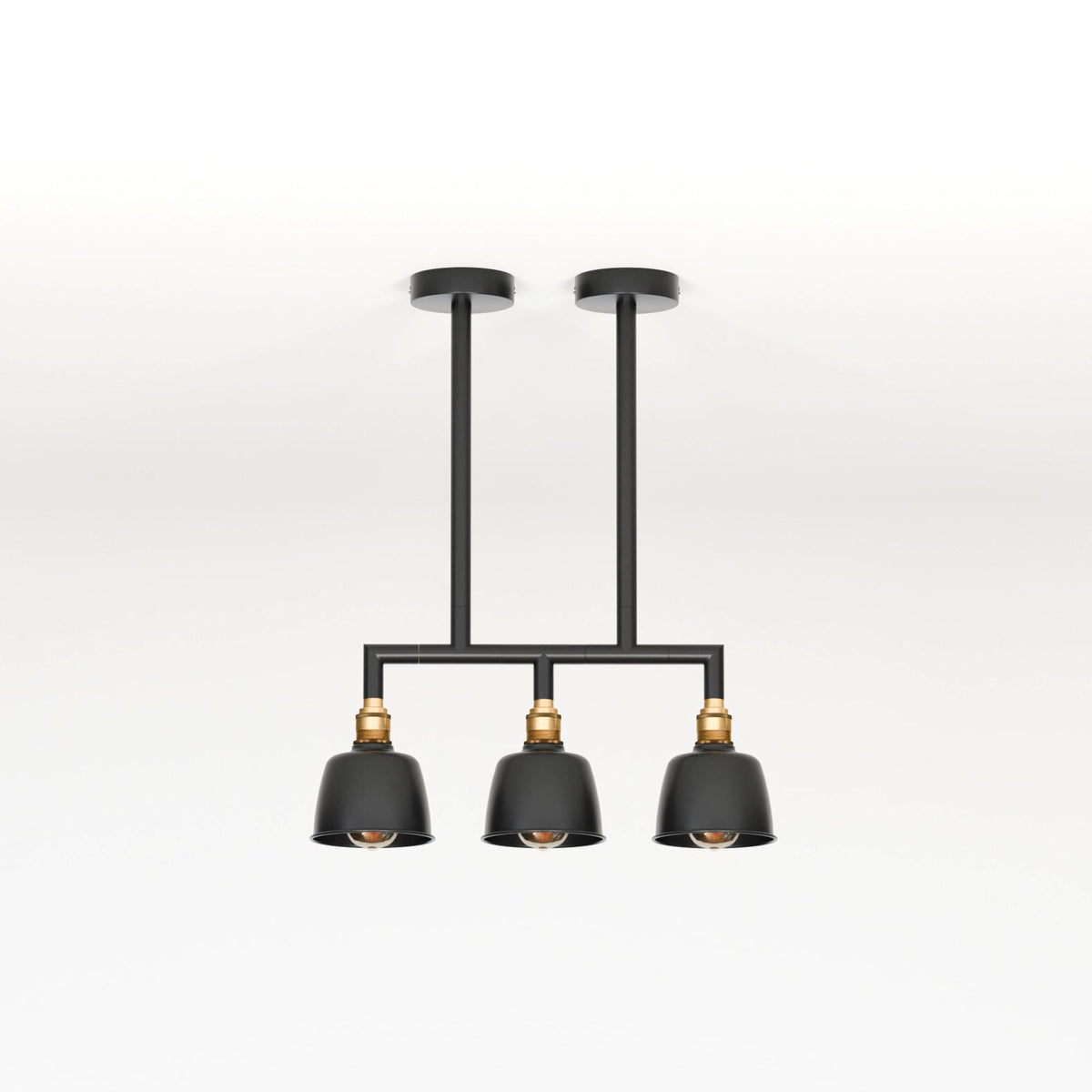 3-Light Industrial Bar Pendant – Black & Brass, 20 to 80 cm Drop - Black, 30 cm, Without Bulb