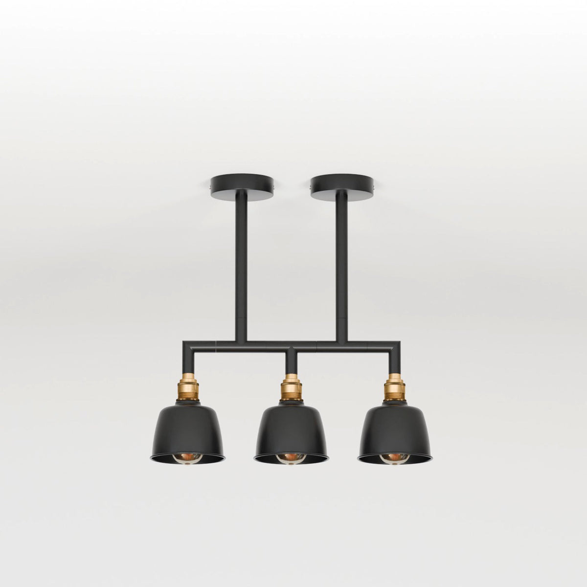 3-Light Industrial Bar Pendant – Black & Brass, 20 to 80 cm Drop - Black, 20 cm, Without Bulb