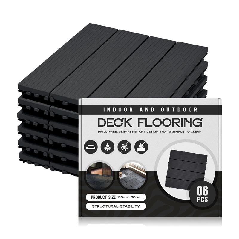Anthracite PVC Interlocking Deck Tiles – 30 x 30 cm, Packs of 6, 9 or 16 - 6 Tiles