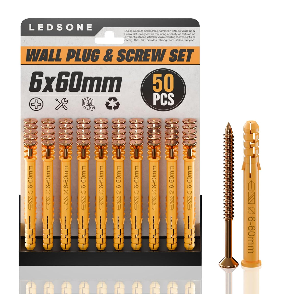 Yellow Wall Plugs and Screws 6 x 60 mm – 100 Pieces (2 Packs of 50)