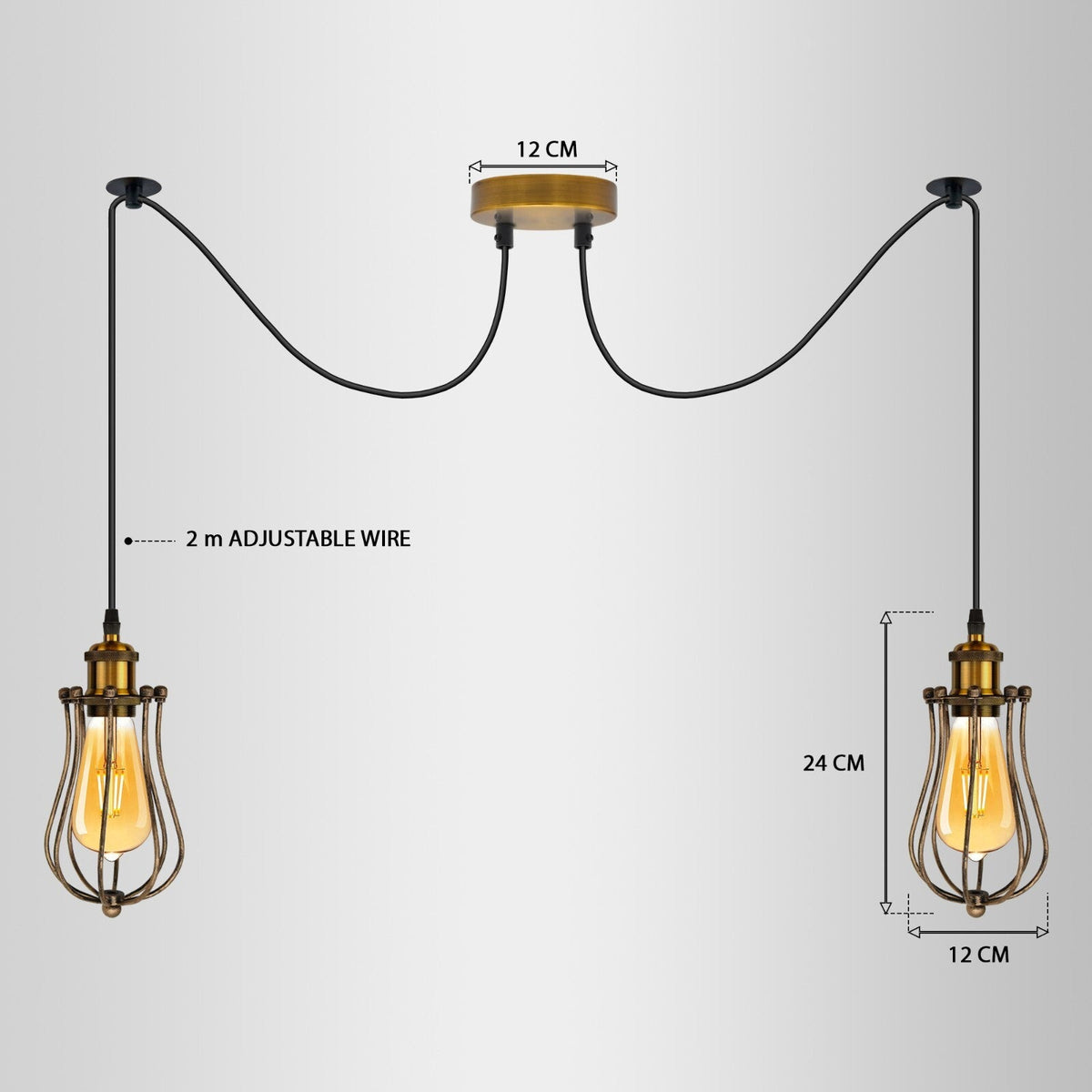 2-Arm Spider Pendant – Antique Brass Holders, Brushed Copper Cages, E27 - photo 3