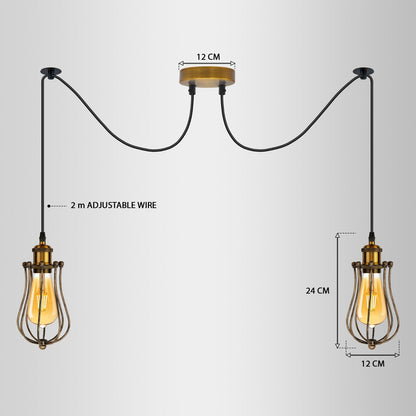 2-Arm Spider Pendant – Antique Brass Holders, Brushed Copper Cages, E27 - photo 3