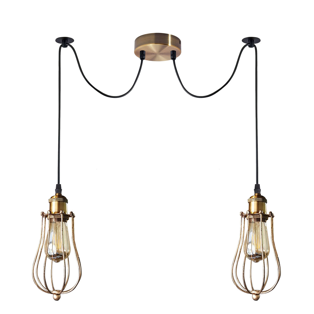 2-Arm Spider Pendant – Antique Brass Holders, Brushed Copper Cages, E27 - Yellow Brass, Round Cage Brushed Copper, 2 x T45 LED Bulb 4W