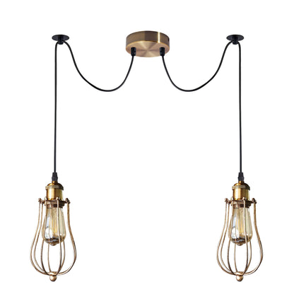 2-Arm Spider Pendant – Antique Brass Holders, Brushed Copper Cages, E27 - Yellow Brass, Round Cage Brushed Copper, 2 x T45 LED Bulb 4W