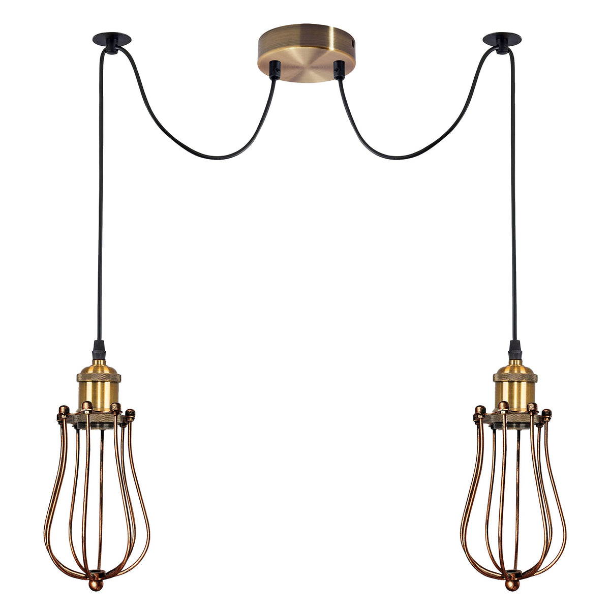 2-Arm Spider Pendant – Antique Brass Holders, Brushed Copper Cages, E27 - Yellow Brass, Round Cage Brushed Copper, Without Bulb