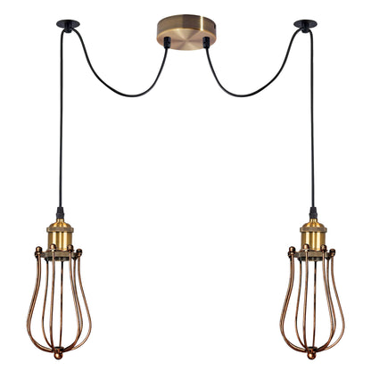 2-Arm Spider Pendant – Antique Brass Holders, Brushed Copper Cages, E27 - Yellow Brass, Round Cage Brushed Copper, Without Bulb