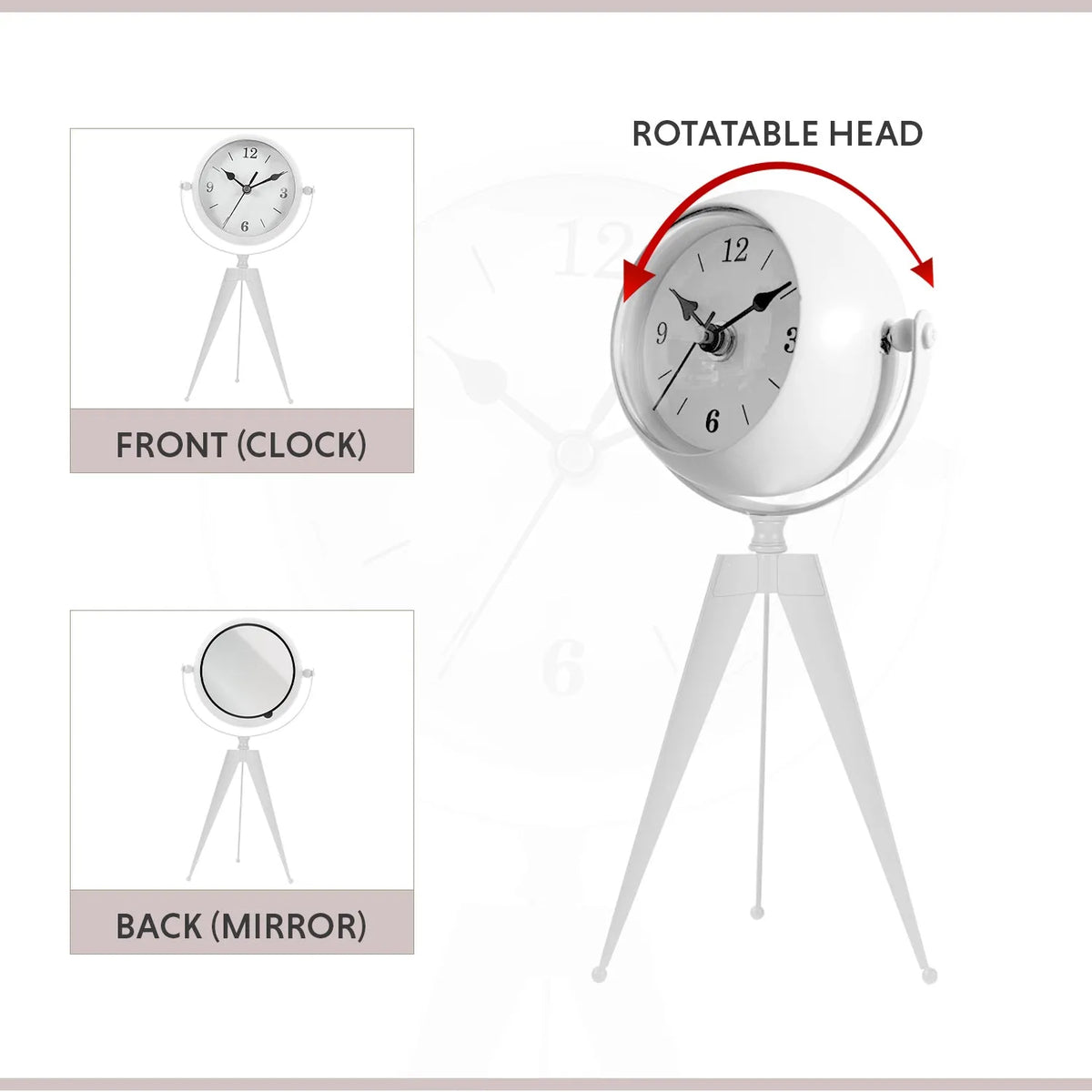 Tripod Table Clock with Mirror – Rotating Head, White, 20 cm - photo 3