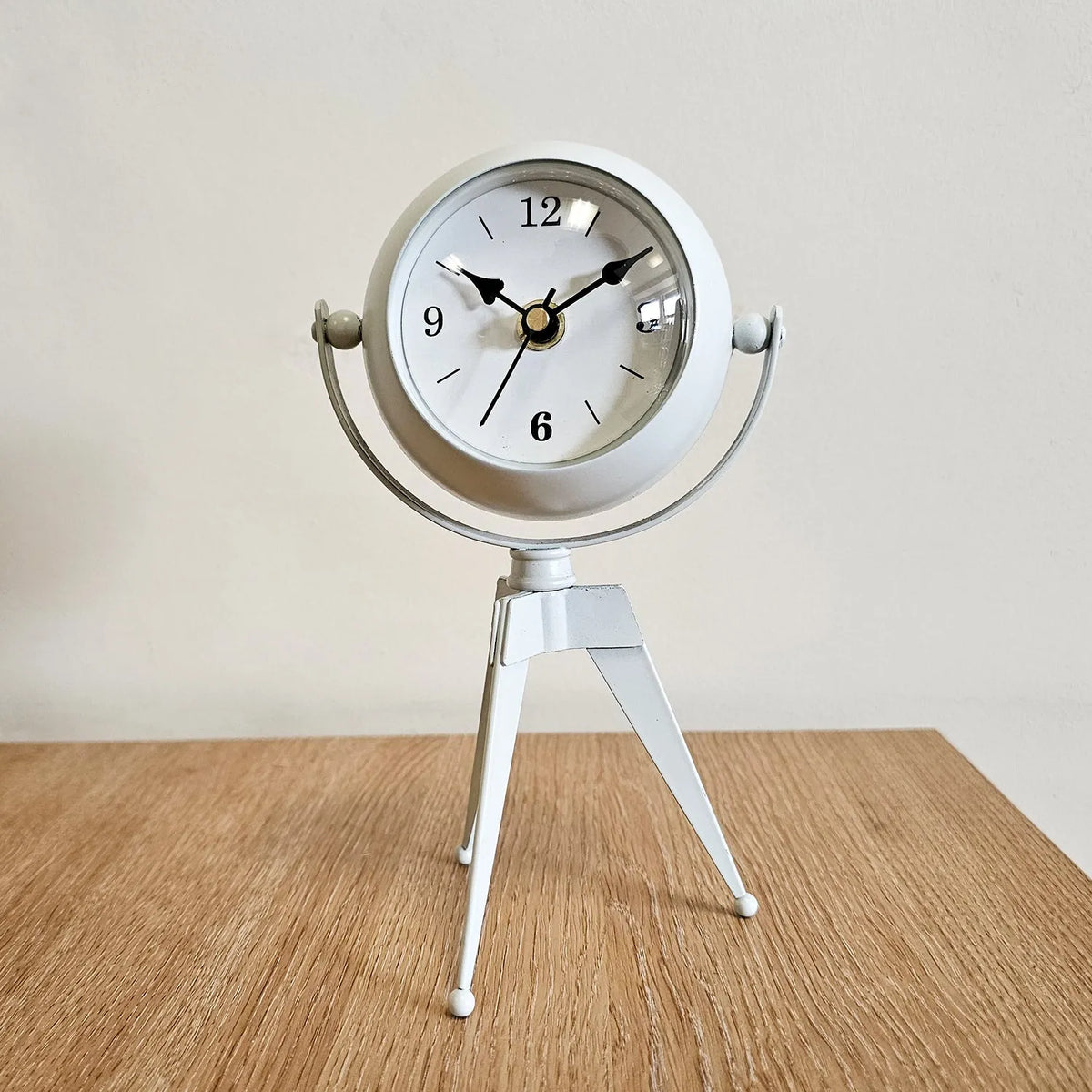 Tripod Table Clock with Mirror – Rotating Head, White, 20 cm