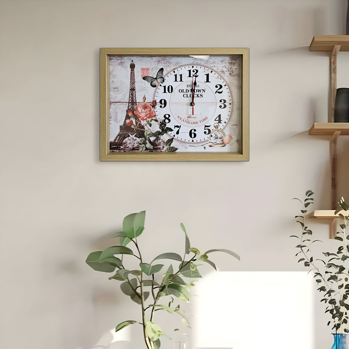 Eiffel Tower Picture Wall Clock – Rectangular Wood Frame, Roses & Butterfly - photo 3