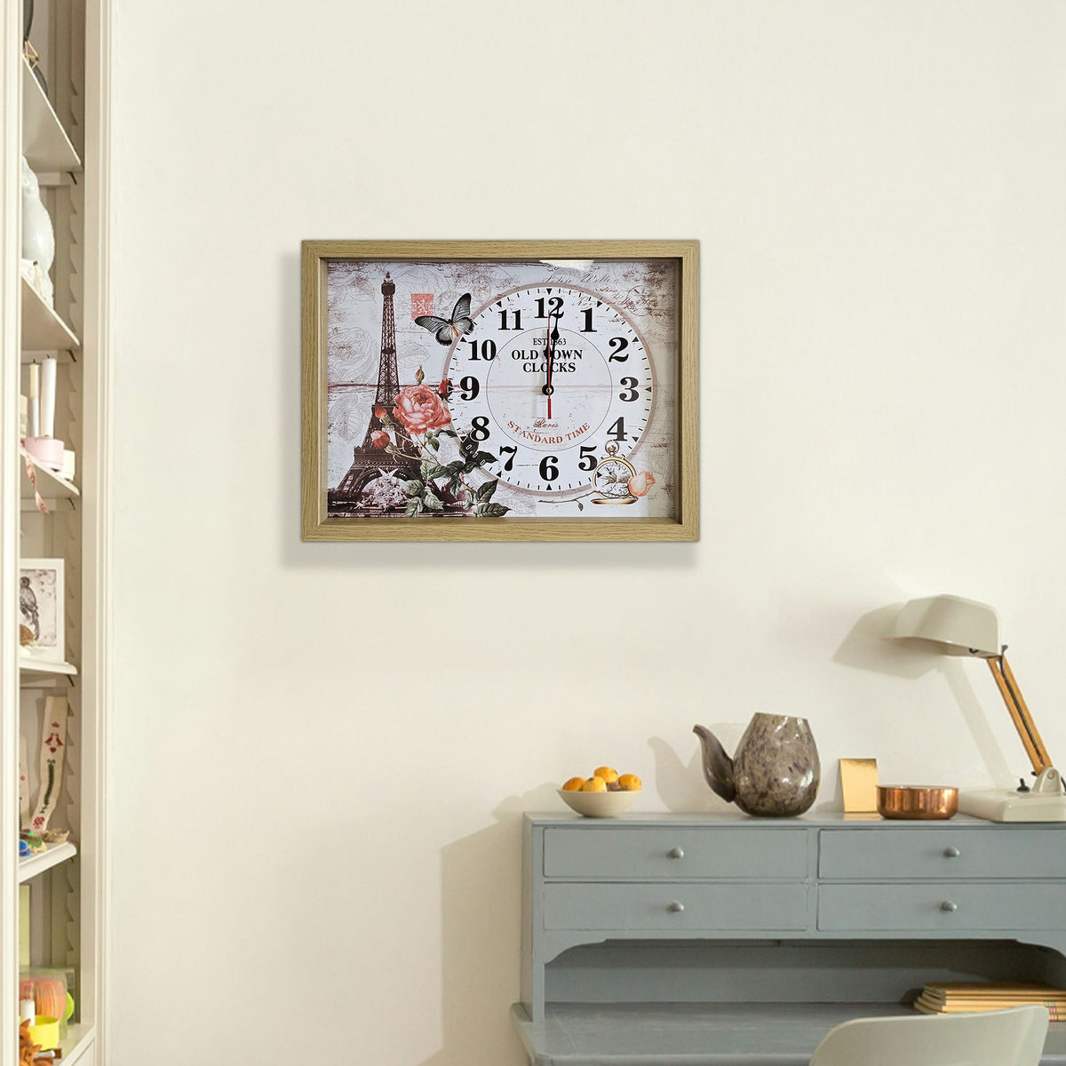Eiffel Tower Picture Wall Clock – Rectangular Wood Frame, Roses & Butterfly - photo 4