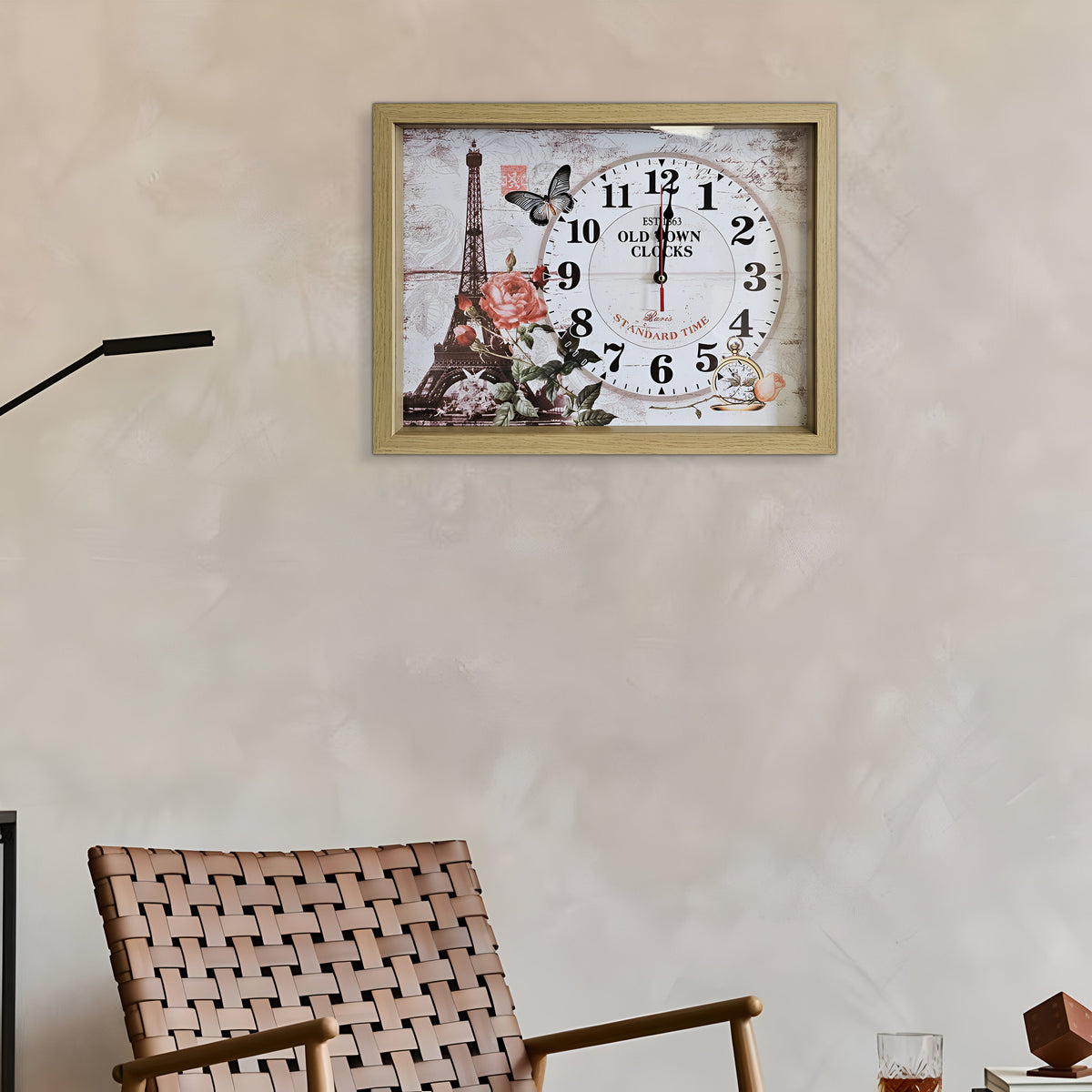 Eiffel Tower Picture Wall Clock – Rectangular Wood Frame, Roses & Butterfly - photo 5