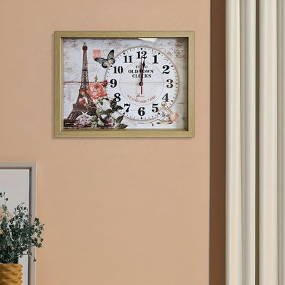 Eiffel Tower Picture Wall Clock – Rectangular Wood Frame, Roses & Butterfly - photo 6