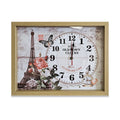 Eiffel Tower Picture Wall Clock – Rectangular Wood Frame, Roses & Butterfly