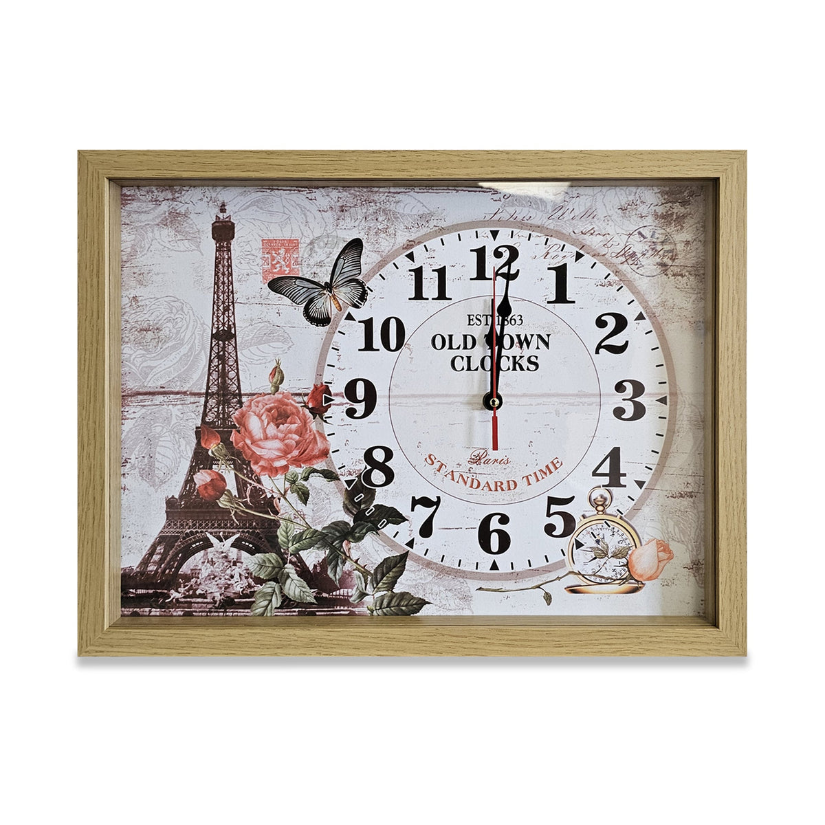 Eiffel Tower Picture Wall Clock – Rectangular Wood Frame, Roses & Butterfly