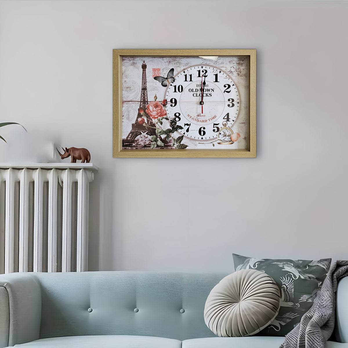 Eiffel Tower Picture Wall Clock – Rectangular Wood Frame, Roses & Butterfly - photo 2