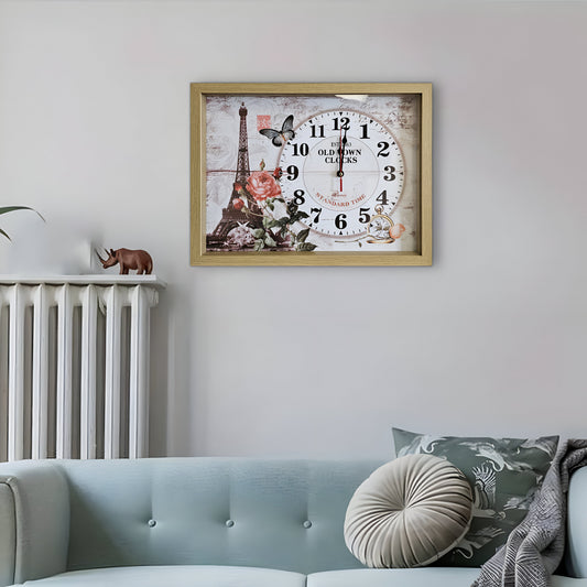 Eiffel Tower Picture Wall Clock – Rectangular Wood Frame, Roses & Butterfly - photo 2